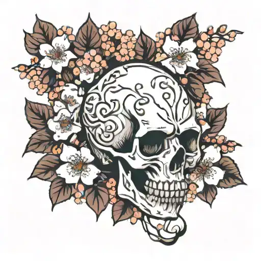 skull surrounded by cherry blossoms tattoo design idea