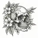 skull surrounded by cherry blossoms tattoo design idea