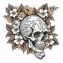 skull surrounded by cherry blossoms tattoo design idea
