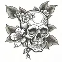 skull surrounded by cherry blossoms tattoo design idea