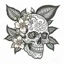 skull surrounded by cherry blossoms tattoo design idea