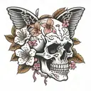 skull surrounded by cherry blossoms tattoo design idea