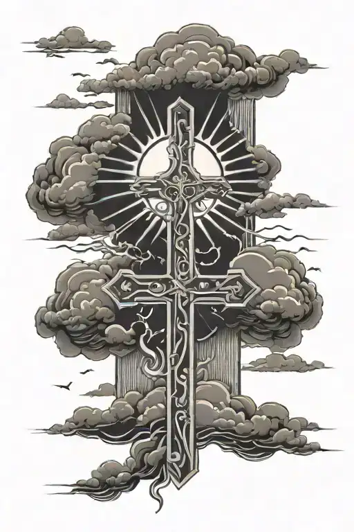 a cross and sun behind storm clouds. water underneath. tattoo design idea