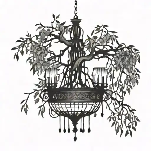An elegant chandelier intertwined with branches of a willow tree, creating a unique and artistic design tattoo design idea