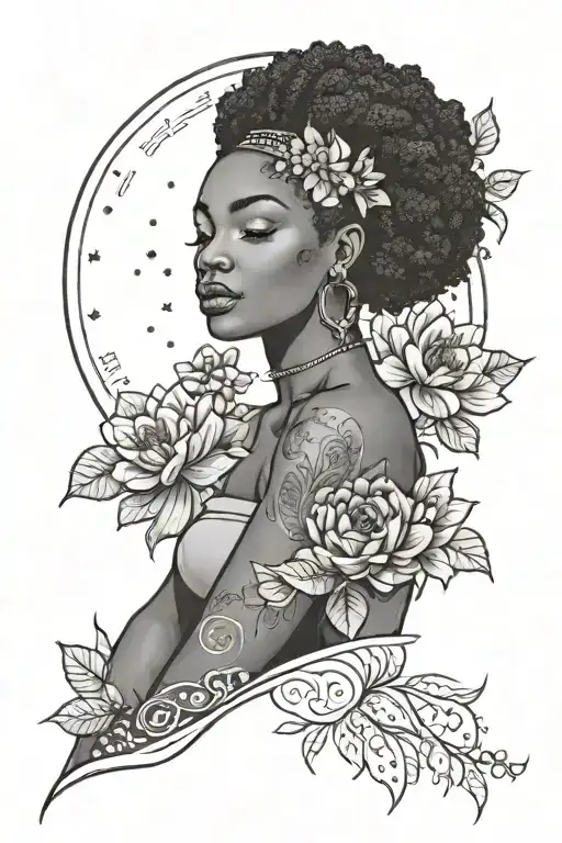 Afrocentric black woman holding the September birth flower, with  the astrology Virgo zodiac symbil tattoo design idea