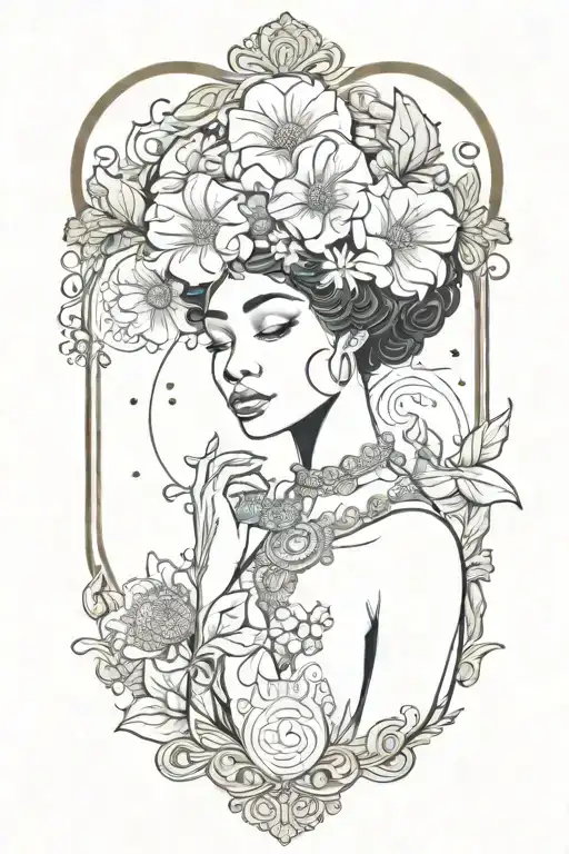Afrocentric black women holding the September birth flower, with the astrology zodiac Virgo symbol tattoo design idea
