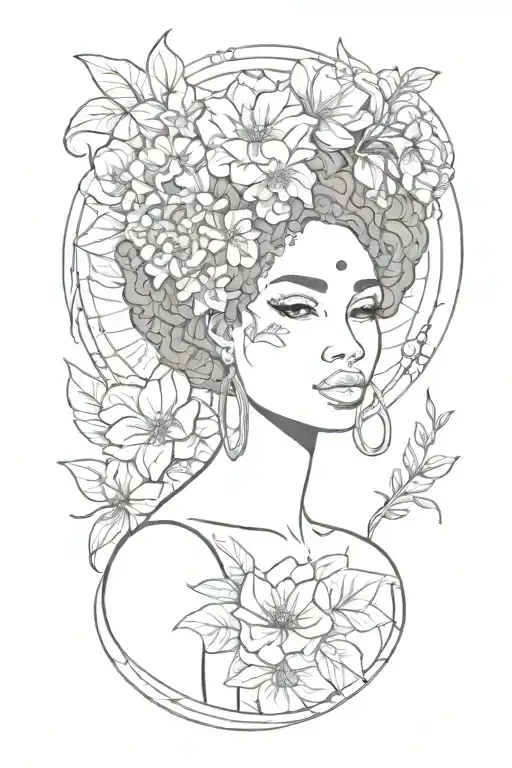 Afrocentric black women holding the September birth flower, with the astrology zodiac Virgo symbol tattoo design idea