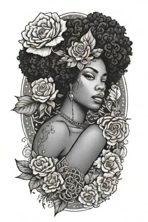 Afrocentric black women holding the September birth flower, with the astrology zodiac Virgo symbol tattoo design idea