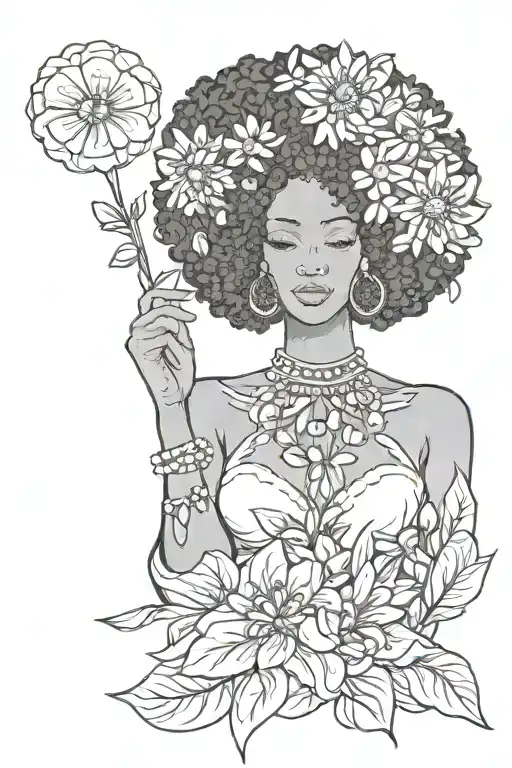 Afrocentric black woman holding the September birth flower, with  the astrology Virgo zodiac symbil tattoo design idea