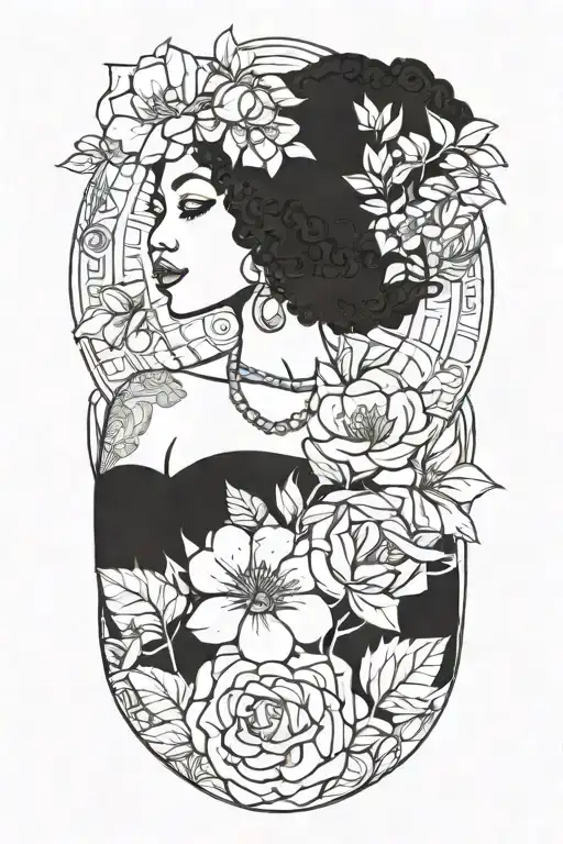 Afrocentric black women holding the September birth flower, with the astrology zodiac Virgo symbol tattoo design idea