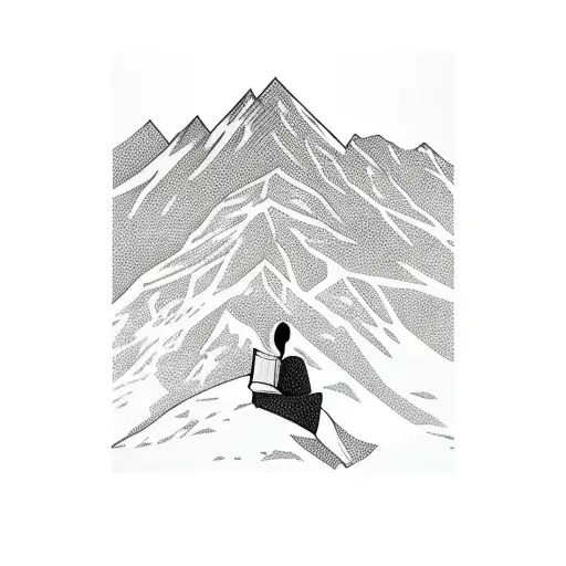 Mountain background, Woman reading stack of books tattoo design idea