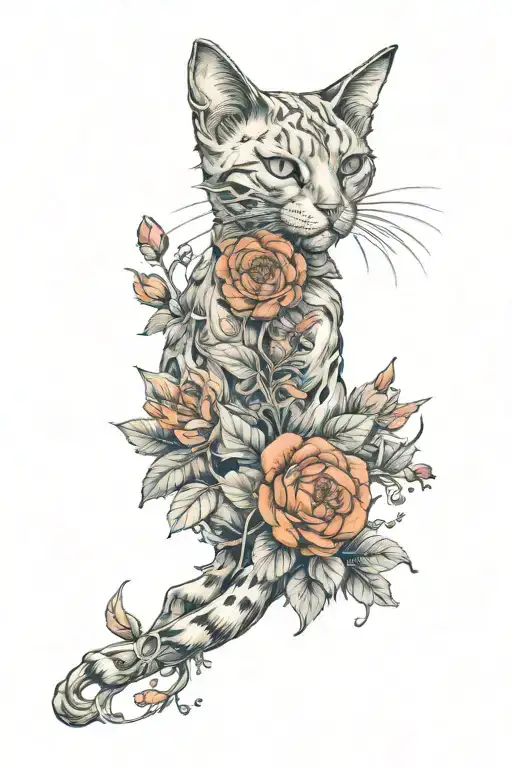 dead cat Flowers sprout coming tattoo design idea