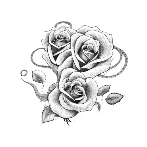 A snake coiling around a blooming rose in a garden tattoo design idea
