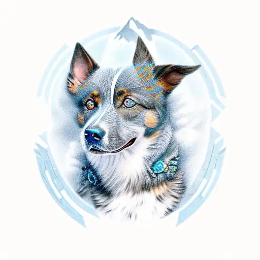 A majestic blue heeler standing on a mountain peak tattoo design idea