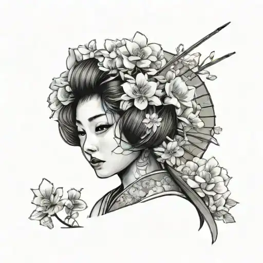 Japanese girl with fan and flowers tattoo design idea