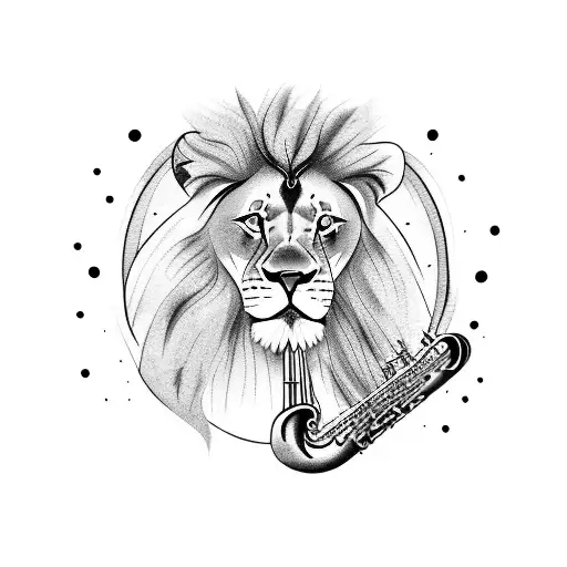A lion playing the saxophone in a nature-inspired setting tattoo design idea