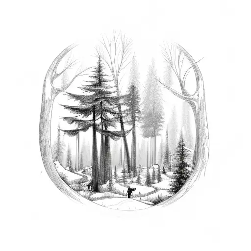 A sketch-style forest scene with a saxophone hidden among the trees tattoo design idea