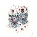 Zombies fight with each other, destroyed city on background tattoo design idea