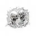 Zombies fight with each other, destroyed city on background tattoo design idea