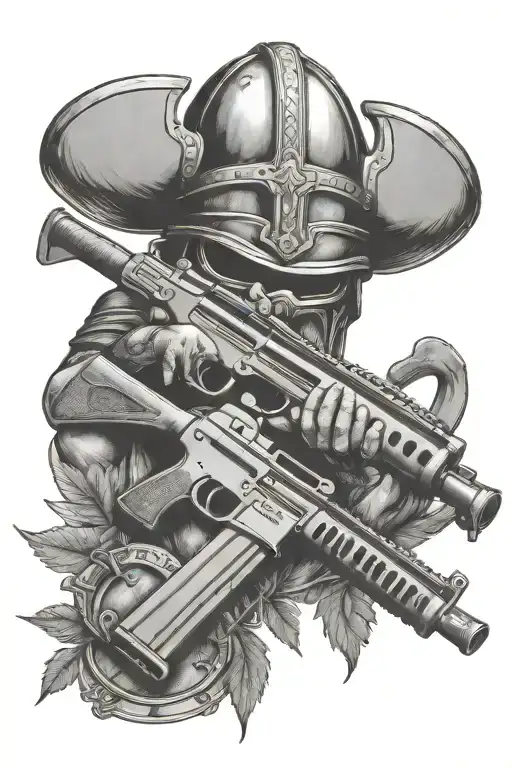 pot leaf background with two crossed rifles a viking helmet with a gaming controller  tattoo design idea