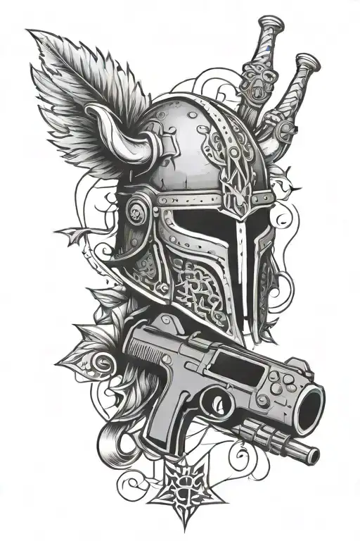 viking helmet with a gaming controller below it two rifles crossed behind the helmet with a pot leaf background tattoo design idea