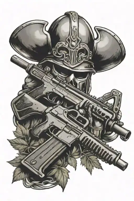pot leaf background with two crossed rifles a viking helmet with a gaming controller  tattoo design idea