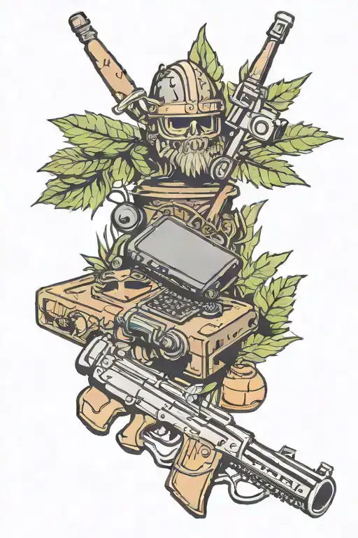 pot leaf and rifles and viking helemt and gaming controller tattoo design idea