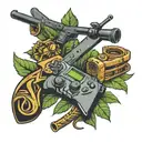 pot leaf background with two crossed rifles a viking helmet and a gaming controller tattoo design idea