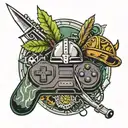 pot leaf background with two crossed rifles a viking helmet and a gaming controller tattoo design idea