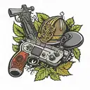 pot leaf background with two crossed rifles a viking helmet and a gaming controller tattoo design idea