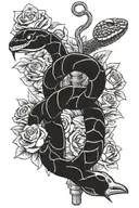 snake and roses on pole intertwined tattoo design idea