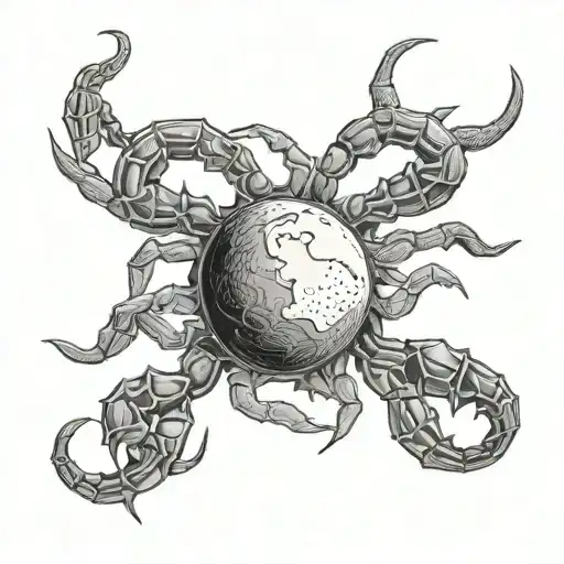 A Scorpion with half a sun drawn on his left side and the moon on his right side as if the Scorpion is inside the sun an tattoo design idea