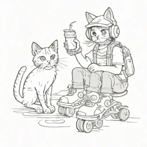 A sketch-style design of a cat wearing roller skates and headphones, enjoying some food on the beach with the client's daughter tattoo design idea