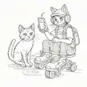 A sketch-style design of a cat wearing roller skates and headphones, enjoying some food on the beach with the client's daughter tattoo design idea