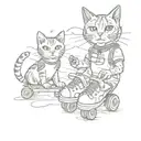 A sketch-style design of a cat wearing roller skates and headphones, enjoying some food on the beach with the client's daughter tattoo design idea