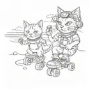 A sketch-style design of a cat wearing roller skates and headphones, enjoying some food on the beach with the client's daughter tattoo design idea