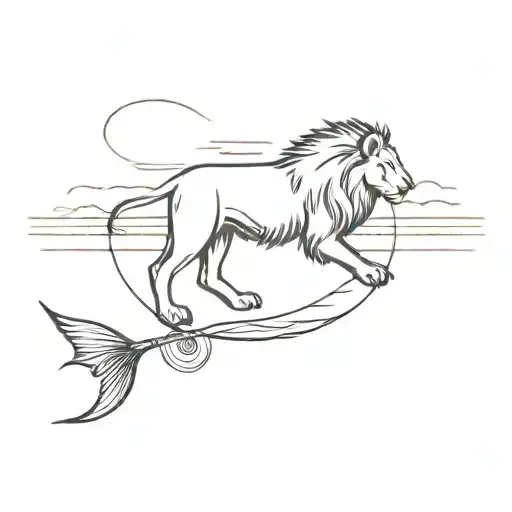 A minimalist tattoo design featuring a serene fishing scene in East Texas, with a lion subtly hidden in the background to add a touch of mystery and intrigue. tattoo design idea