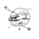 A minimalist tattoo design featuring a serene fishing scene in East Texas, with a lion subtly hidden in the background to add a touch of mystery and intrigue. tattoo design idea