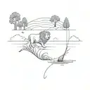 A minimalist tattoo design featuring a serene fishing scene in East Texas, with a lion subtly hidden in the background to add a touch of mystery and intrigue. tattoo design idea
