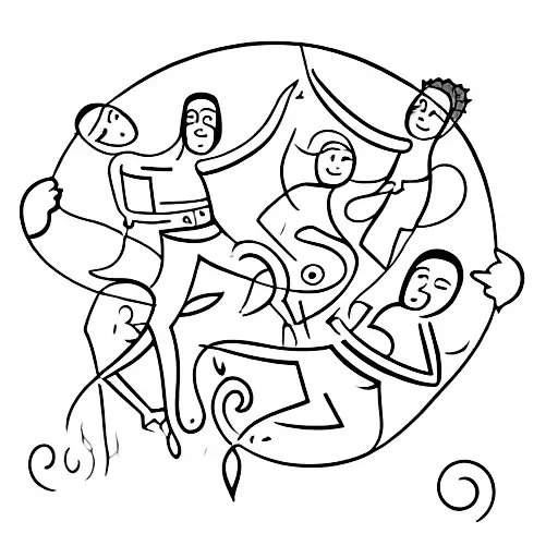 me and my 5 friends dancing in cave art style tattoo design idea