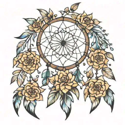 dream catcher flowers and feathers falling tattoo design idea