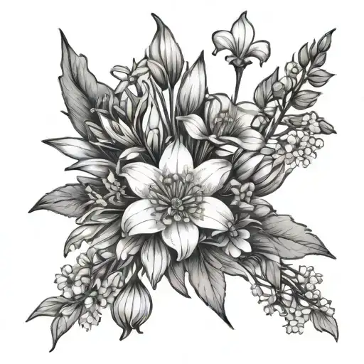 A bouquet of snowdrop flower, cosmos flower, larkspur flower, carnation flower, and chrysanthemum flower tattoo design idea