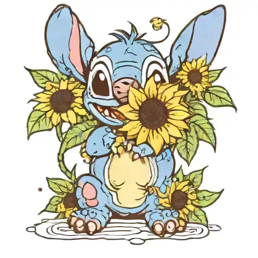 stitch from lilo and stitch with sunflowers    tattoo design idea
