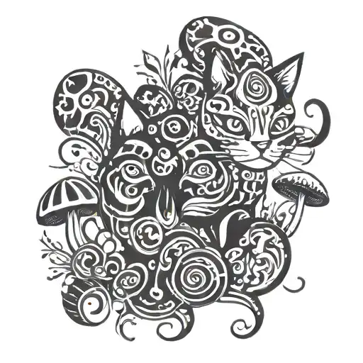 RedCrazyCat with mushrooms  tattoo design idea