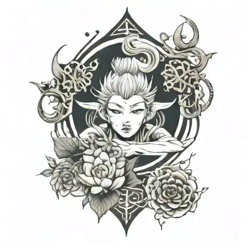 Tattoo lower arm Anime style, parted horizontally by an ECG. upper halfe lotus, lower half destiny game ghost tattoo design idea