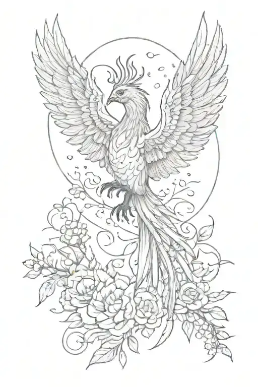 feminine rising phoenix flying out of larkspur flowers tattoo design idea