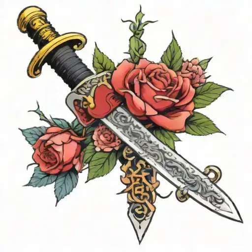 A rose blooming from a samurai sword, with a penny embedded in the hilt tattoo design idea