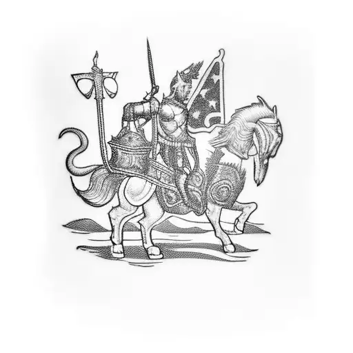 A blackwork tattoo of Saint George riding a bear, with a coffee cup and a wine glass in his hands, representing the client's passions and favorite things. tattoo design idea
