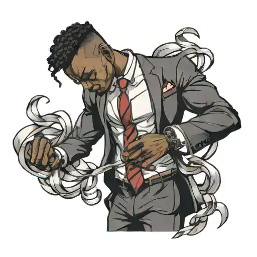 muscular black boy in suit with ribbons tattoo design idea