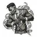 muscular black boy in suit with ribbons tattoo design idea